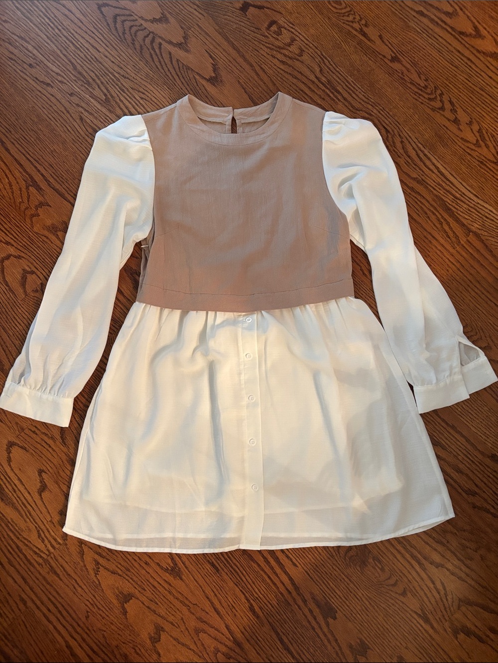 Girls' Cream and Tan Layered Long-Sleeve Dress